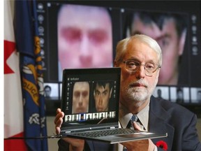 Keith Raderschadt, an account manager with NEC Corp., shows off the NeoFace system, a facial recognition software that will be used by the Calgary Police Service.