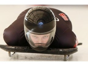 Lanette Prediger races down the track at the Skeleton World Cup women’s selection race at Canada Olympic Park. She won Thursday’s race a few days after finishing second at the Canadian championships.