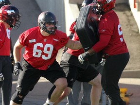 Calgary Stampeders Brett Jones during Stamps practice at McMahon Stadium in Calgary. He won West Division most outstanding lineman this year.