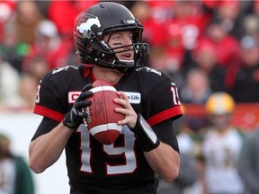 CALGARY;  NOVEMBER 22, 2014  -- Calgary Stampeders quarterback Bo Levi Mitchell during the  West Final against the Edmonton Eskimos at McMahon Stadium in Calgary. (Leah Hennel/Calgary Herald)   For Sports story by ?