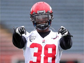 Calgary Stampeder defensive back Buddy Jackson struck a pose as he practiced with teammates during their walkthrough at McMahon Stadium on June 13, 2014 in advance of their first preseason game.