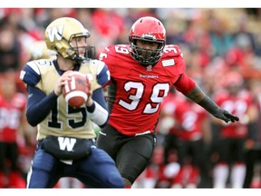 Calgary Stampeders defensive lineman Charleston Hughes rushed Winnipeg Blue Bombers quarterback Max Hall during first quarter CFL action at McMahon Stadium in Calgary on October 5, 2013. (Colleen De Neve/Calgary Herald) (For Sports story by Vicki Hall) 00045372I SLUG: STAMPS