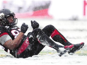 Stamps' receiver Nik Lewis is seen on the Blue Bombers' snowy goal-line Saturday at McMahon Stadium. Reader says Calgary needs a covered facility.