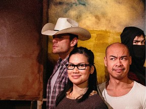 Photo credit: Jenna Rogers
Mat Glennie, Carmela Sison, Mike Tan and Richard Lee Tsi in Samurai Versus Cowboy, the first show of Chromatic Theatre's 2014-15 season.