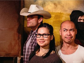 Photo credit: Jenna Rogers
Mat Glennie, Carmela Sison, Mike Tan and Richard Lee Tsi in Samurai Versus Cowboy, the first show of Chromatic Theatre's 2014-15 season.