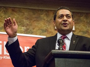 Raj Sherman talks at the Alberta Liberal Leaders Dinner in Calgary, on June 11, 2014.