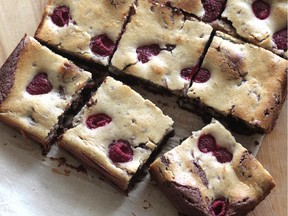Raspberry Cream Cheese Brownies from a recipe in Joy Wilson's new cookbook, Homemade Decadence.