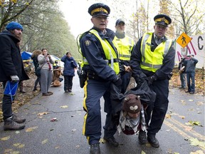 RCMP officers take protesters into custody at an anti-pipeline demonstration in Burnaby, B.C., on Nov. 20, 2014.