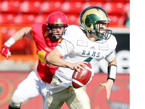 Regina Rams quarterback Noah Picton looks for a pass against the Dinos during their Oct. 4 meeting. Picton is the Rams’ biggest weapon.