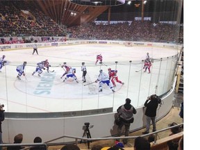 Game action during a group stage game between the Rochester Americans and CSKA Moscow at the 2013 Spengler Cup in Davos, Switzerland.
