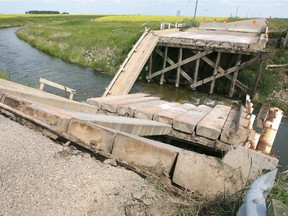 The bridge on Township Road 250 near Highway 9 — about 25 kilometres east of Calgary — collapsed in 2007 under the weight of a house that was being moved.