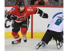 Calgary Flames captain Mark Giordano during NHL action against the San Jose Sharks at the Scotiabank Saddledome on March 24, 2014.