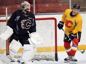 Marcus Granlund was taking shots on goalie Karri Ramo as the Calgary Flames took to the ice at the Stampede Corral on Monday, October 6, 2014.
