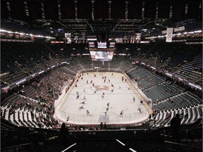 The teams skated on to the ice for warm up in the Scotiabank Saddledome on Nov. 20.