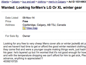 This ad from Kijiji is from a family in need of a winter coat and other winter clothing.