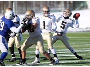 Pride quarterback Colton Hunchak lines up the pass with lots of help from his teammates as the Notre Dame Pride played host to the Harry Ainlay Titans in Tier I Provincial semifinal action on November 15, 21014.The Pride won 34 to 14.