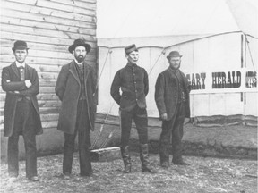 The Herald had its beginnings in 1883 in this tent. From left are George Rouleau, a Calgary lawyer, Andrew Armour, a founder of The Herald; North West Mounted Police Constable Thomas Clarke, who helped set type; and Thomas Braden, the other founder of The Herald. The Calgary Herald, Mining and Ranche Advocate and General Advertiser, as it was grandly called, made its debut on August 31, 1883.