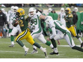 Edmonton's returner Kendial Lawrence ran away from Saskatchewan tacklers in the Western semifinal. The Stamps are determined to prevent a repeat in the Final at McMahon Stadium on Sunday.