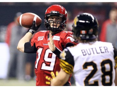 Calgary Stampeders quarterback Bo Levi Mitchell throws zone during the 2014 Grey Cup in Vancouver on Sunday November 30, 2014.