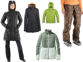 Clockwise from left: — Nau 3/4 Cocoon trench coat, Under Armor ColdGear Infrared Avondale Women’s parka, Helly Hansen Swift 2 Men’s jacket, MEC Trackback pants and Patagonia Hybrid Down jacket.
