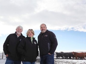 Wynne Chisholm (centre) and husband Bob (left) join University of Calgary animal behaviour and welfare professor Ed Pajor for a photo at W.A. Ranches near Madden, after Wynne and her father donated $5 million to support research at the university.