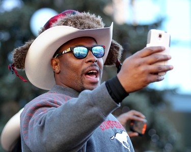 Calgary Stampeders Nik Lewis during the Grey Cup Champions rally at City Hall in Calgary.