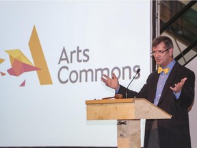 Johann Zietsman, President and CEO of the performing arts centre formally known as EPCOR, announces Arts Commons as the centre's new name at the annual general meeting in Calgary, on December 17, 2014.