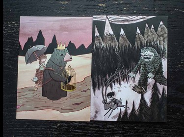 A gig poster for Said the Whale, left, and on the right, an illustration from one of Sitter’s many gift cards.