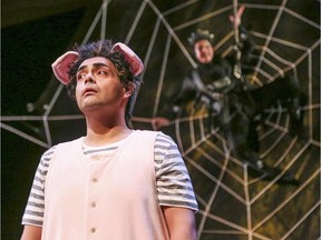 Guillermo Urra is Wilbur the pig, and Manon Beaudoin plays Charlotte the Spider in Charlotte's Web at Alberta Theatre Projects.
