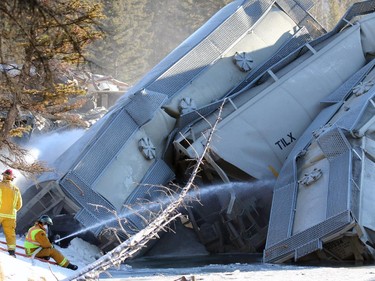 Crews deal with a 15 car train derailment in Banff at the rail bridge over 40 Mile Creek.
