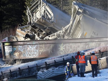 Crews deal with a 15 car train derailment in Banff at the rail bridge over 40 Mile Creek.