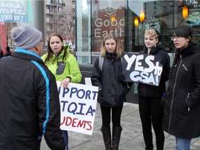 Students Jaylene Murphy, Jillian Ivanov, Jenna Tytgat and  Johanna Haeseker were on hand to support Gay-Straight Alliances in schools on December 13, 2014 in front of the Calgary Board of Education.