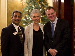 Cal1220 Lougheed 3  Pictured, from left, at Lougheed House  Christmas VIP Preview and Gala held Nov 28 are Dilan Perera, Lougheed House board member and his wife Sherry Adler-Perera with Joe Lougheed, great-grand son of the original owners of Lougheed House, Senator and Lady Lougheed.