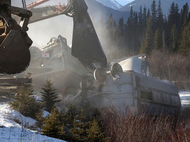 Crews deal with a 15 car train derailment in Banff at the rail bridge over 40 Mile Creek.