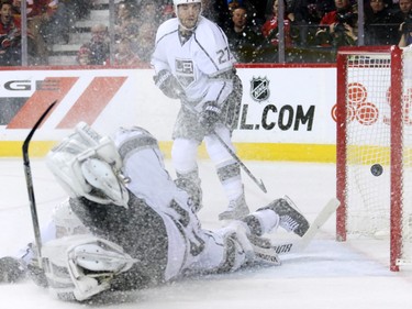 The Calgary Flames' Markus Granlund's shot goes by the Los Angeles Kings Jonathan Quick during first period NHL action in Calgary.
(Gavin Young/Calgary Herald)
(For Sports section story by Scott Cruikshank) Trax# 00056721A