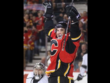 The Calgary Flames' Curtis Glencross celebrates  scoring against the Los Angeles Kings Jonathan Quick during first period action in Calgary.