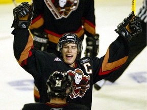 In this 2004 file photo, Calgary Hitmen captain Ryan Getzlaf celebrates a goal. The WHL club will honour the now Anaheim Ducks superstar with a "Forever a Hitmen" banner-raising night on Jan. 18.
