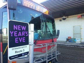 Calgary Transit shows off its special New Year's Eve signs that will be in place at bus stops offering extended hours of service this year. The CTrain and select buses will run until 3 a.m. on NYE.