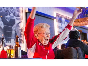 89 year old Stampeders fan, Dorian Ritland has been a fan for 71 years and celebrates the Grey Cup at Sharks Sports Bar Grill in NE Calgary on November 30th, 2014.