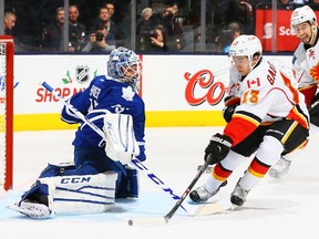 Calgary Flames rookie Johnny Gaudreau is stopped by Toronto Maple Leafs goalie Jonathan Bernier during their match on Tuesday night in Hogtown. Gaudreau and the Flames are now in Buffalo, preparing to meet the Sabres on Thursday night.