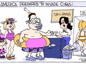 CALGARY, AB.;  DECEMBER 27, 2014  -- Signe Wilkinson editorial cartoon for Saturday, Dec. 27, 2014 about a tourist invasion of U.S tourists to Cuba. Signe Wilkinson/Calgary Herald) For Editorial