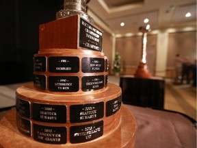 The boy's (foreground) and girls trophies for the Mac's Midget Hockey Tournament were on display at the press conference for the event on Dec. 17. The German U17 Nationals are aiming to make it two in a row for European teams at the tourney after Switzerland won last year.