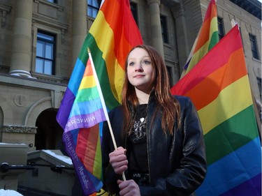 Caprice Kirkhope, 15, from Queen Elizabeth Senior High School fears that LGBD students will slip through the cracks with Bill 10 passing. Kirkhope attended the LGBD community rally against Bill 10 outside the McDougall Centre in Calgary on December 4, 2014.