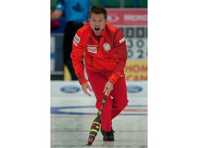 Skip Mike McEwen at 2014 Home Hardware Canada Cup of Curling in Camrose, Alta.