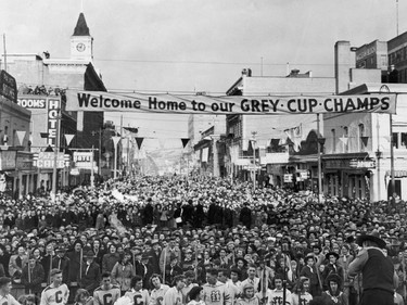 Fans gather in downtown Calgary to welcome the Grey Cup champion 1948 Stampeders, who defeated the Ottawa Rough Riders 12-7 at Toronto's Varsity Stadium.