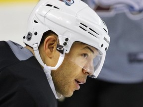 Former Calgary Flames captain Jarome Iginla skates with his Colorado Avalanche teammates during practise at the Scotiabank Saddledome on December 4, 2012.