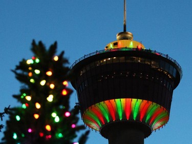 The Calgary Tower shows its Christmas colours at dusk on Thursday Dec. 18, 2014.