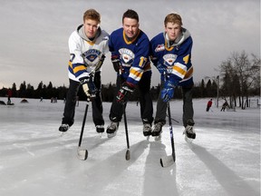 Former NHL player Myles O'Conner poses with his sons Logan, left, and Owen, right. All three of the O'Conners  will have played for the Calgary Royals in the Mac's Midget Tournament when Owen plays with the team starting Friday.