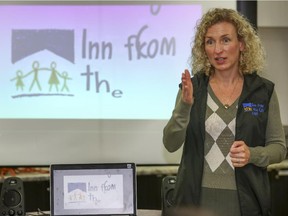 Linda McLean, executive director, answers questions after the Inn from the Cold experience tour at the Inn in Calgary, on October 21, 2014.