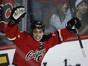 Calgary Flames' Johnny Gaudreau celebrates his goal during first period NHL hockey action against Edmonton Oilers in Calgary, Saturday, Dec. 27, 2014.